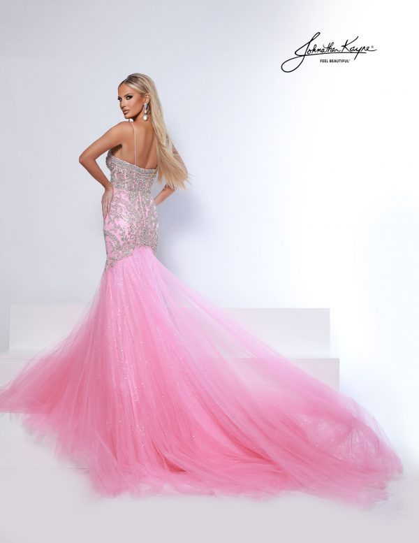 Back view of pink mermaid pageant dress with glittering sequin mesh skirt - great for pageants and stage presence.